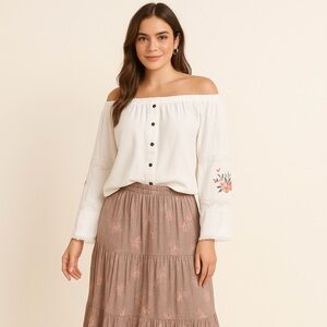 Ali Miles Floral Embroidered Lace Insert Peasant Blouse Off Shoulder Large💚